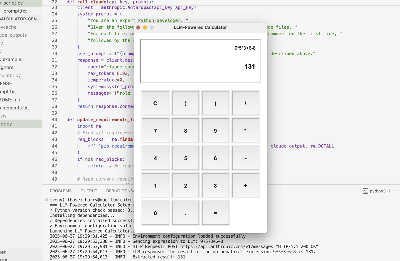 A generated LLM calculator running next to the code that produced it